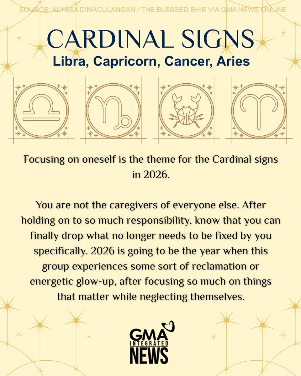 gmanews's tweet image. HERE’S YOUR ZODIAC GUIDE FOR 2026 ✨

According to a general tarot reading, 2026 will be a productive year with new jobs and new beginnings, "wherein we do choose ourselves."

But what does this new year have in store for your Zodiac sign?

Read more: gmanetwork.com/news/lifestyle…