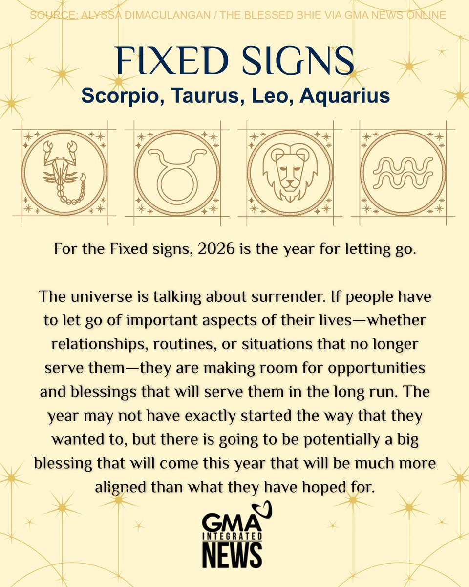 gmanews's tweet image. HERE’S YOUR ZODIAC GUIDE FOR 2026 ✨

According to a general tarot reading, 2026 will be a productive year with new jobs and new beginnings, "wherein we do choose ourselves."

But what does this new year have in store for your Zodiac sign?

Read more: gmanetwork.com/news/lifestyle…