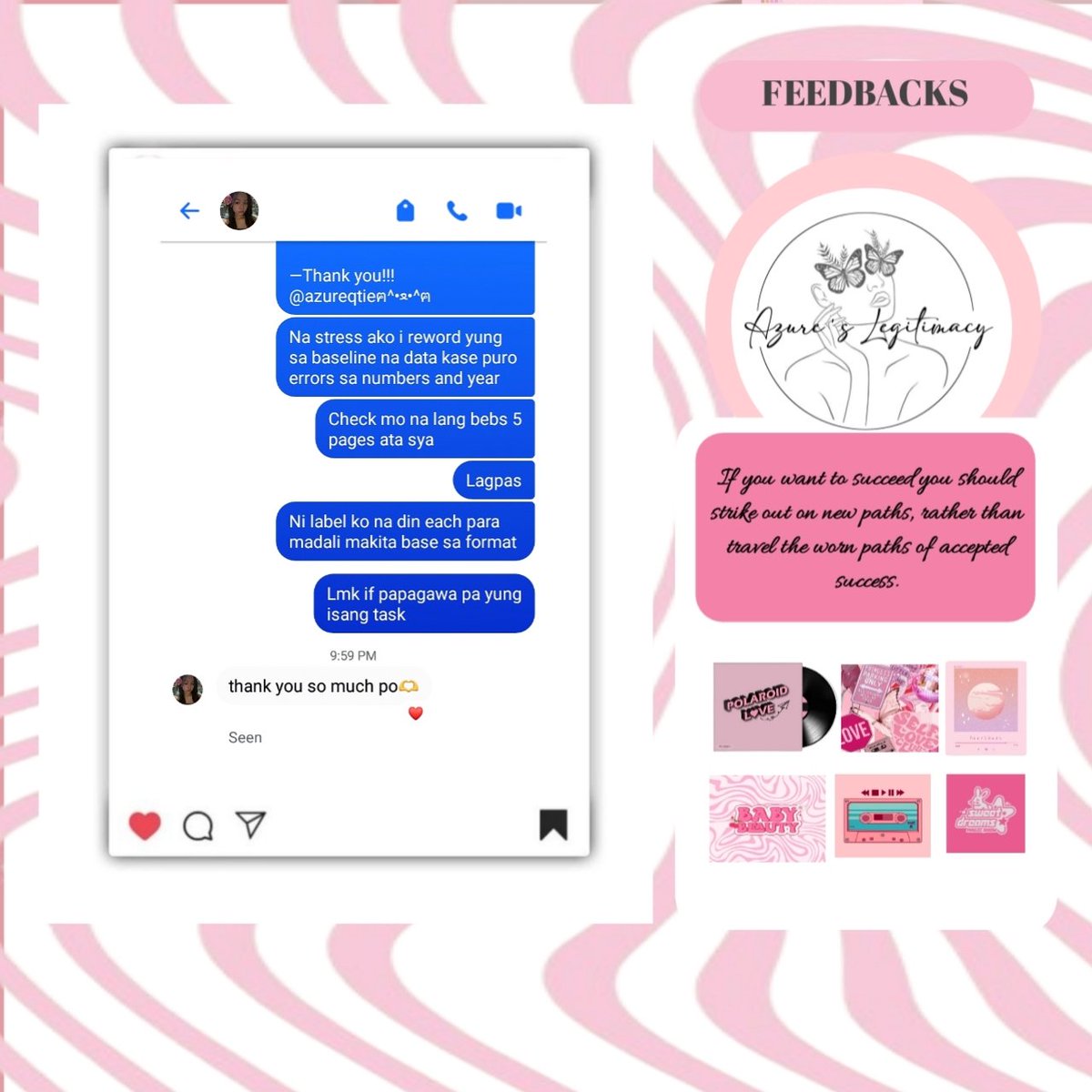 celestia_azure's tweet photo. 「https://t.co/ywFYoahORi」 

Another set of feedbacks from my new clients

Dm me for inquiries ✨

»– thank you for trusting! –«
  ⿻  still open for 
            ↷ trades 
            ↷ acads &amp; editing services 
           #lfcommissioner
#commstwt https://t.co/tP9547XYyU