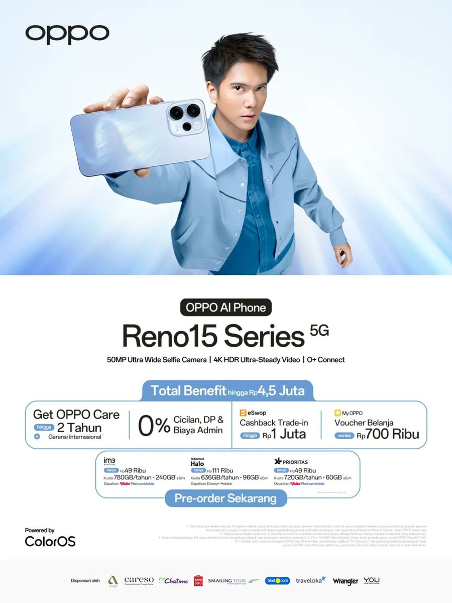 OPPOIndonesia's tweet photo. Bikin gaya kamu makin next level bareng #OPPOReno15Series! ✨

Desain Dancing Aurora-nya nggak cuma cakep, tapi bikin aura kamu #JadiSorotan di mana aja.

Yuk, langsung Pre-Order di OPPO Online Store, OPPO Store, dan E-commerce favoritmu sekarang! 🛒

#HangoutwithReno https://t.co/lYeSzttuzJ