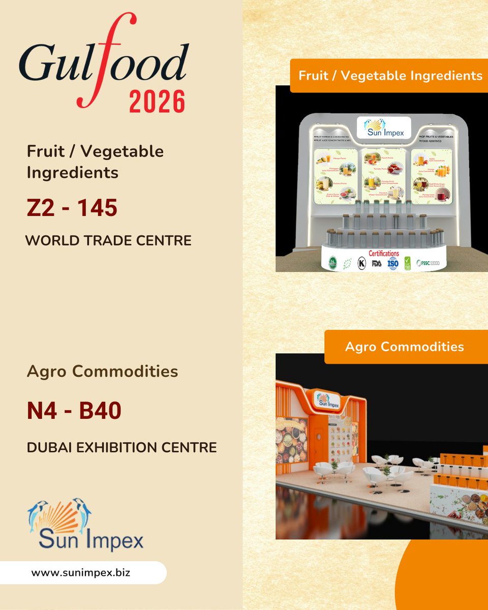 𝐌𝐞𝐞𝐭 𝐒𝐮𝐧 𝐈𝐦𝐩𝐞𝐱 𝐚𝐭 𝐆𝐮𝐥𝐟𝐨𝐨𝐝!!

Your trusted partner for agro commodities and fruit &amp; vegetable ingredients, delivering quality you can rely on. 
#SunImpex #agrocommodities #fruitvegetableingredients