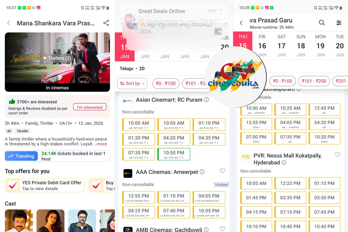 Thrusday Early Bookings of MSVG were excellent 👌👌 

Matinee and first shows were almost fast filling 💥💥💥

#MSVG #Chiranjeevi 

Follow 👉 <a href="/CinevedukaOffl/">Cineveduka</a>
