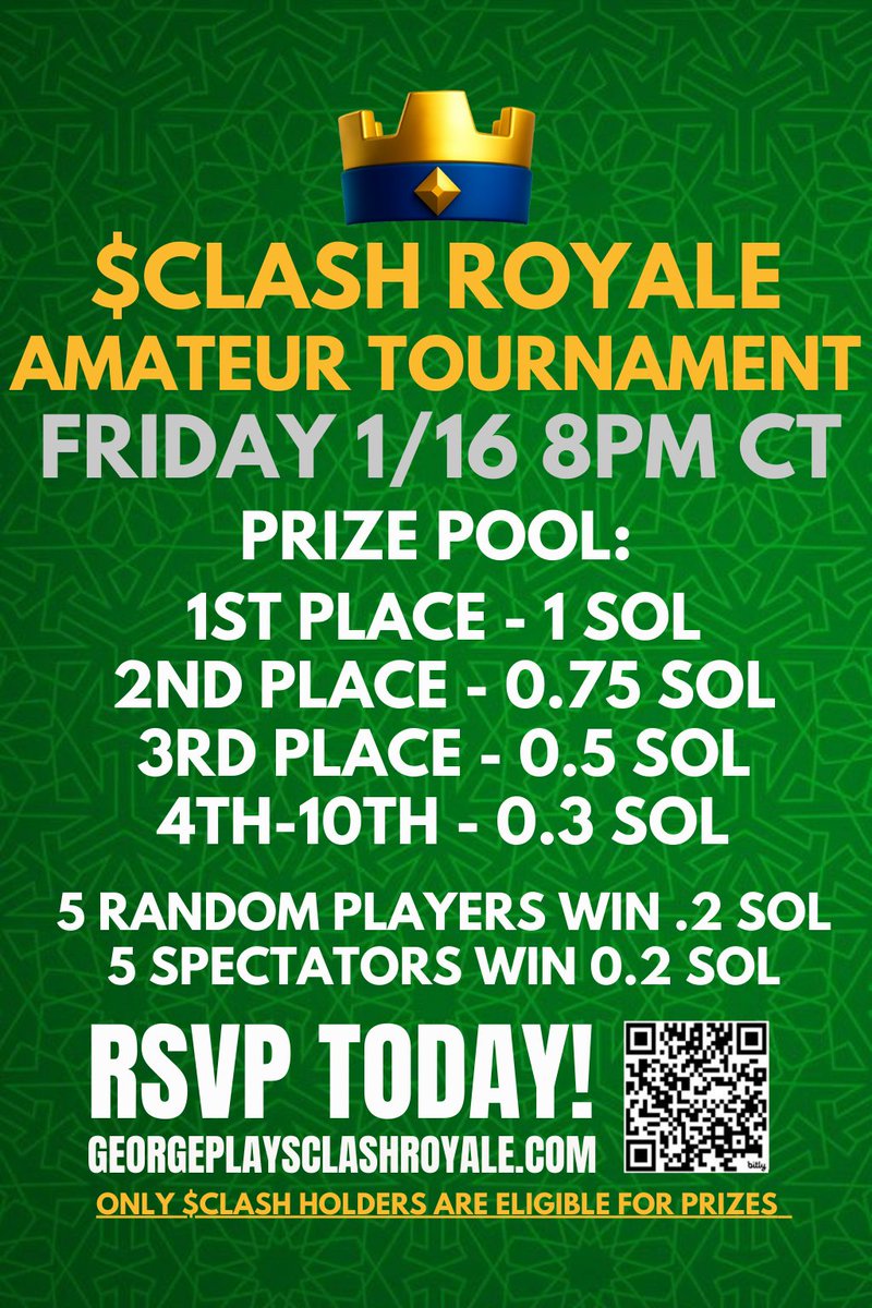 Hey Clash fam 👋
This one’s for the casuals, grinders, and community legends 💚

The $CLASH Amateur Tournament is going down Friday 1/16 at 8PM CT, and you don’t need to be a pro to win.

🏆 Real $SOL prizes
🎯 Rewards go deep (even spectators can win)
🤝 Chill vibes, competitive