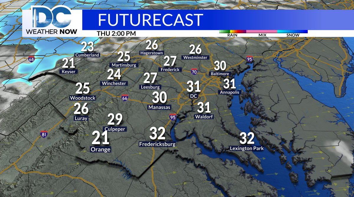 WeatherJackie's tweet photo. Back to reality Thursday with highs into the upper 20s to lower 30s, but the west-northwest wind will make it feel much colder with wind chills into the upper teens to lower 20s. #LayerUpAlert #DCwx #MDwx #VAwx https://t.co/6uSc2BLbGS
