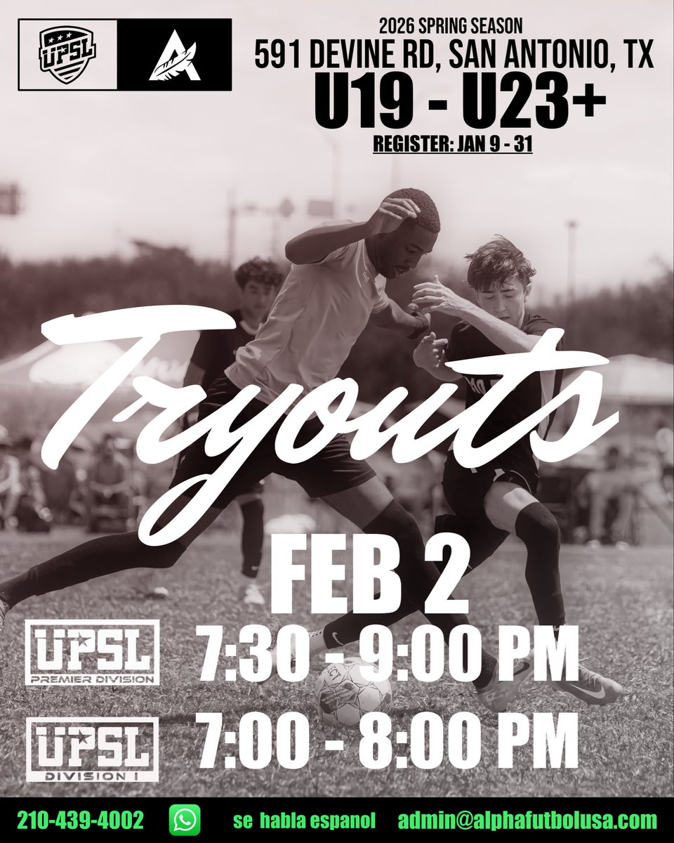 Tryouts Feb 2, 2026 
Register :

forms.gle/akCzYJy3WRQh9X…

UPSL MEN PREMIER &amp; Division 1 

Teams Available , U19-U23 Male

Select Academy:

 U13-U17 Male &amp; Female

#sanantoniosoccer #youthtexassoccer
#semiprosoccer 
#alphafutbol