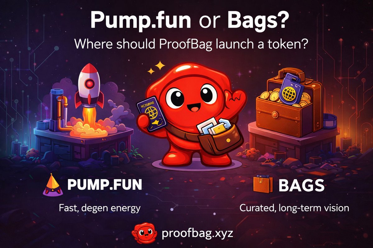 proof_bag's tweet image. 🧠 Community question time
If ProofBag launches a token,
where does it make more sense?
🚀 Pumpfun — fast, degen energy
🧳 Bags — curated, long-term vision
We’re building ProofBag as neutral infra for Solana,
but community signal matters more than opinions.
Drop your pick + why…