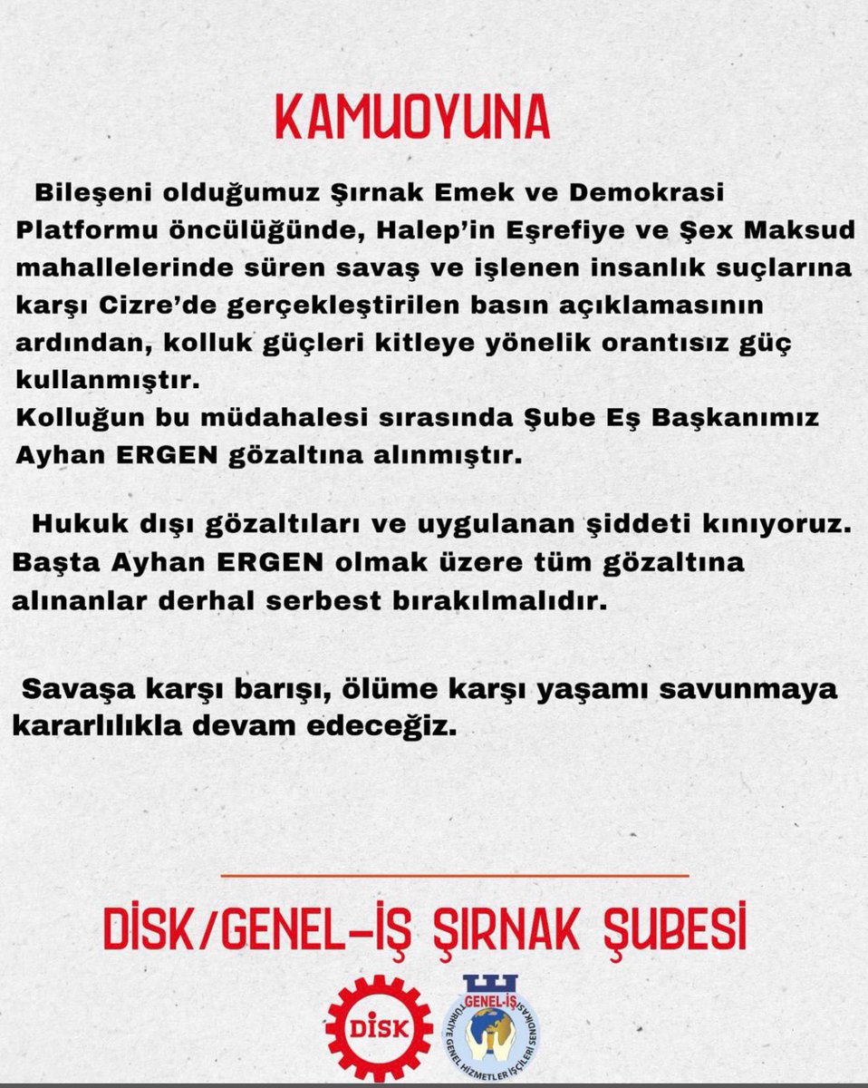DİSK GENEL-iŞ ŞIRNAK ŞUBE tweet media