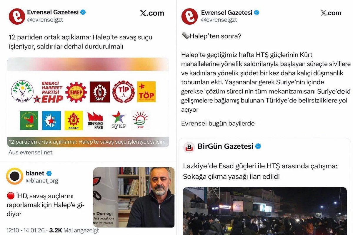 Aşağıda dört ayrı görsel var:

Üçü Halep’teki Kürt mahallelerine yönelik saldırılara, biri ise Alevi soykırımının en kanlı gününe ait.

Şimdi gerçeklerle yüzleşelim, lafı dolandırmadan kıyaslayalım:

1. Halep’teki Kürt mahalleleri için apar topar bir araya gelen 12 parti,