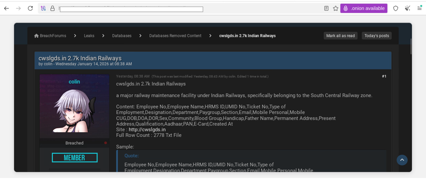 ResearchMalware's tweet photo. 🚨 𝐀𝐥𝐥𝐞𝐠𝐞𝐝 𝐃𝐚𝐭𝐚 𝐁𝐫𝐞𝐚𝐜𝐡 | 𝐈𝐧𝐝𝐢𝐚𝐧 𝐑𝐚𝐢𝐥𝐰𝐚𝐲𝐬
Threat actor claims exposure of sensitive employee data linked to https://t.co/cfrHxDXxKf (South Central Railway).
Data allegedly includes Aadhaar, PAN, HRMS IDs, contact details, DOB &amp; service records. https://t.co/ZVwvjQbGVe