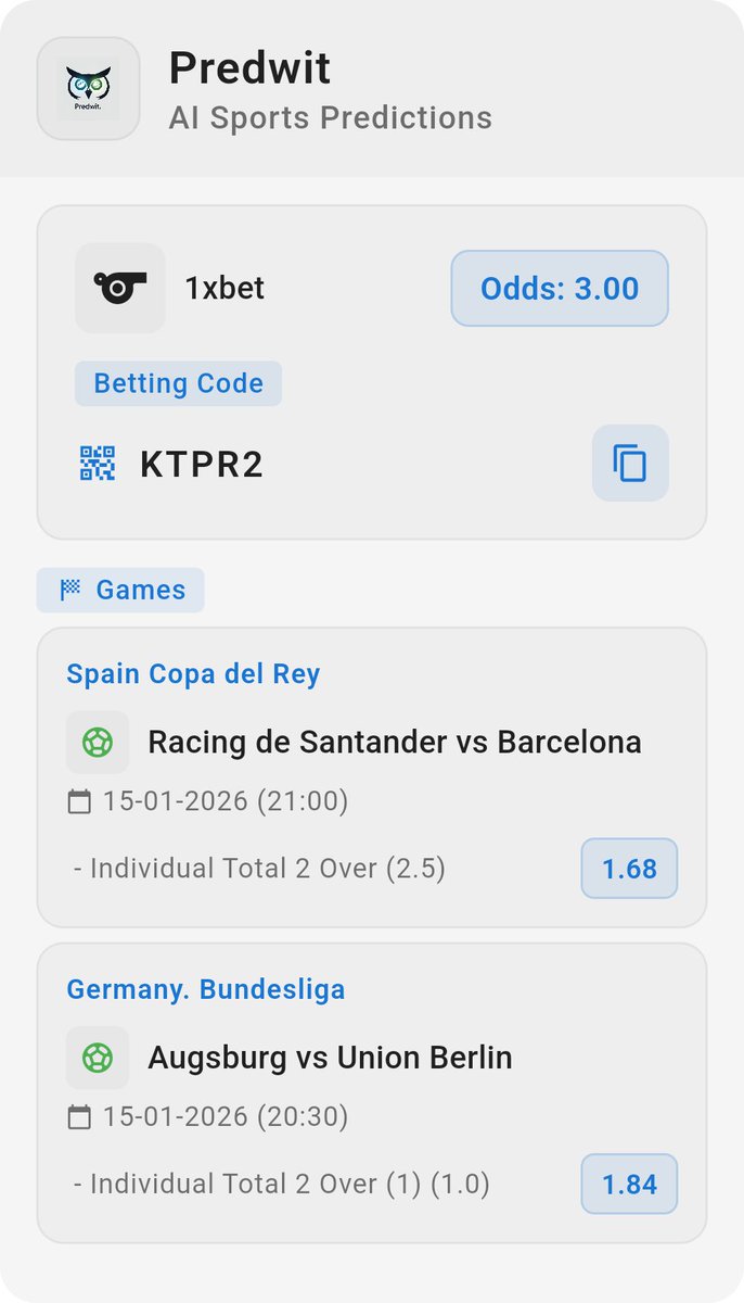 predwit's tweet image. 3.00 odds bet code for 1xbet
Confidence: High
Bet code: KTPR2

Shared via Predwit AI Sports Prediction App 🎯
Get more winning predictions → predwit.com