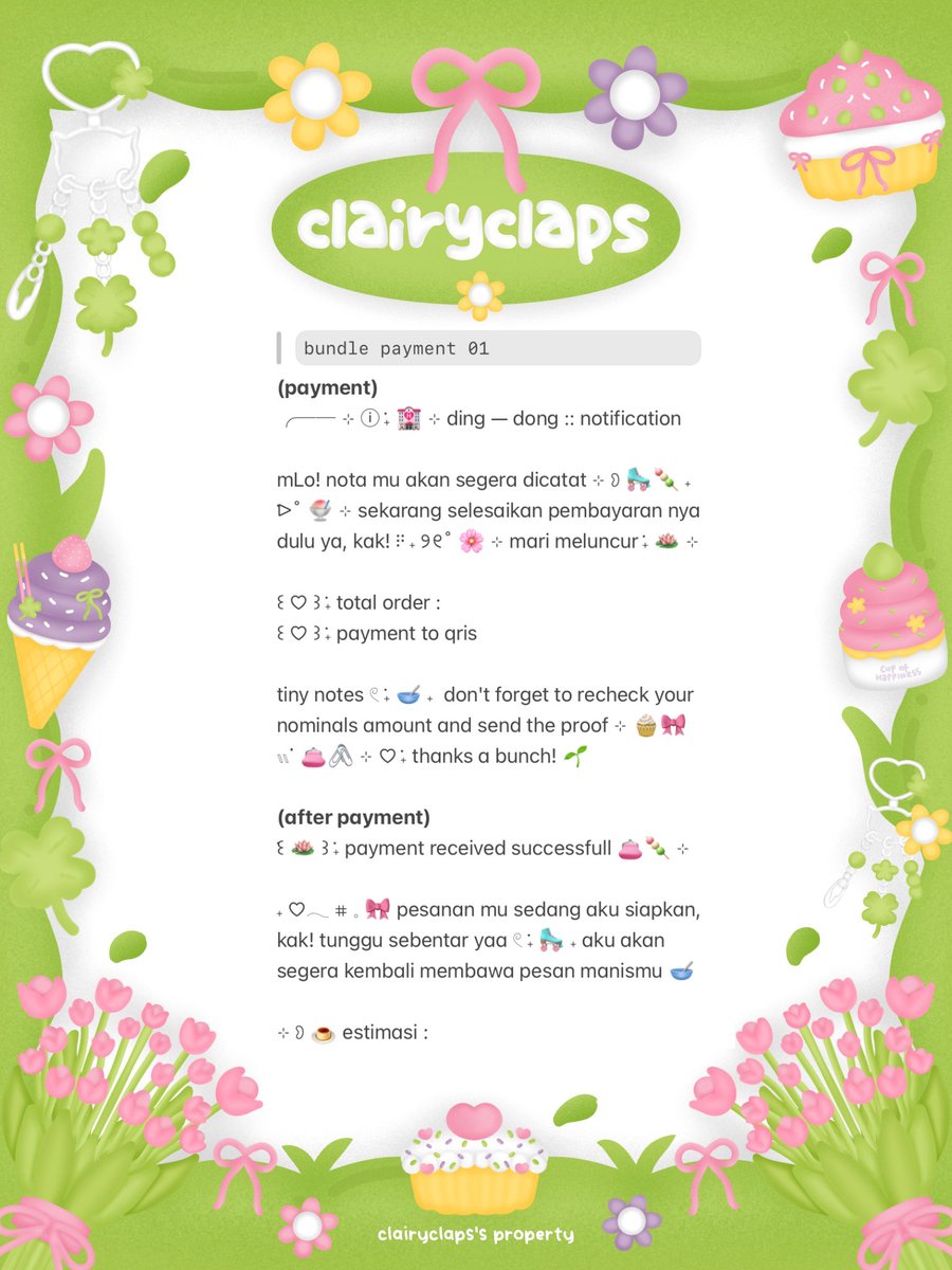 clairyclaps's tweet image. help retweet, thanks a lot!

hMLo! 𓏲 ࣪˖ 🎀 wording bundle payment 
dan after payment kembali restock 🌸🍡
꒰ 🪷 ꒱ ˖ dengan harga &amp;lt;1O.OOO&amp;gt; aja, nih!

take di dm atau tele ya
ⓘ ࣪˖ 💒 𓏭 #zonauang