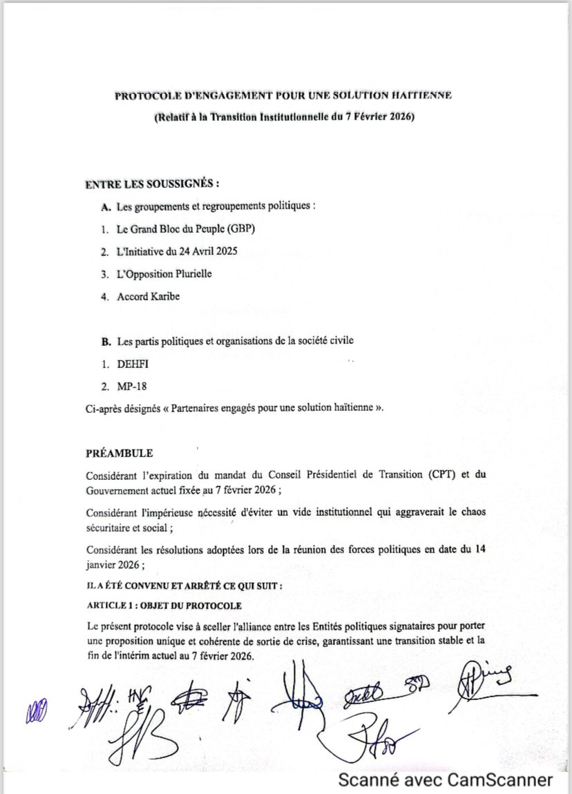 Mwen Salye gwo konpwomi ki jwenn nan mitan gwoupman politik #Initiative24avril,  #Grannblòk, #OpozisyonPlurielle, #AkòKaribe, #DEHFI, #MP18 , ki dakò travay ansanm pou ekzije yon Tranzisyon ak yon Jij Kou kasasyon. Gwo tèt ansanm sa se temwayaj Ayiti pap peri. Bravo!