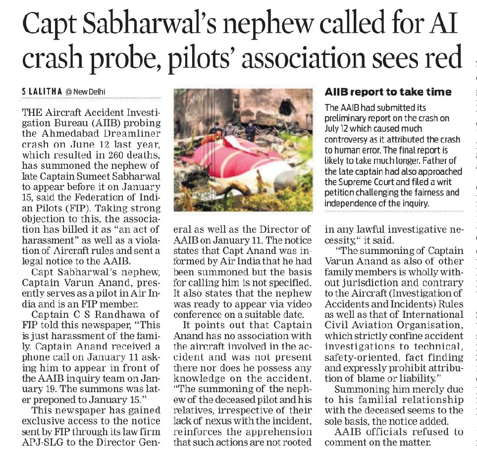 Lolita_TNIE's tweet image. TNIE EXCLUSIVE
Fed of Ind Pilots sends legal notice to #AAIB probing #Ahmedabadcrash aft it summons late Capt Sumeet Sabharwal's nephew, Capt Varun Anand pilot @airindia. Has no link wid #Crash &amp;amp; is harassment of fam,  Aircraft/@icao rules violation, it says @DGCAIndia @xpresstn