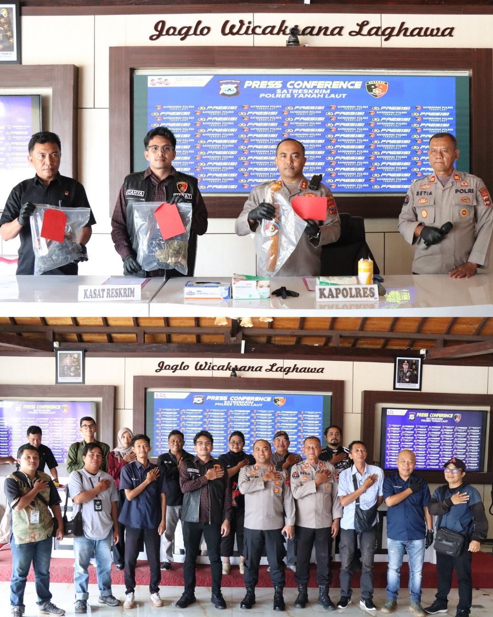 LautHumas's tweet image. Kapolres Tanah Laut AKBP Ricky Boy Siallagan, S.I.K., M.I.K., menggelar Press Conference terkait pengungkapan tindak pidana barang siapa dengan sengaja merampas nyawa orang lain (pembunuhan) sebagaimana dimaksud dalam Pasal 338 KUHP.