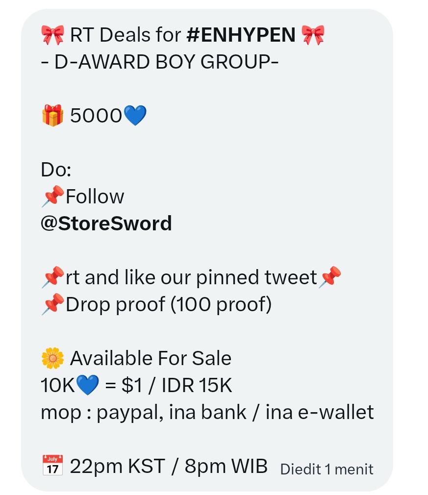 ailyjwn's tweet photo. 🎀 RT Deals for #ENHYPEN 🎀
- D-AWARD BOY GROUP-

🎁 5000💙

Do:
📌Follow 
@StoreSword

📌rt and like our pinned tweet📌
📌Drop proof (100 proof)

🌼 Available For Sale
10K💙 = $1 / IDR 15K
mop : paypal, ina bank / ina e-wallet

📅 22pm KST / 8pm WIB https://t.co/rLX71pNTK1