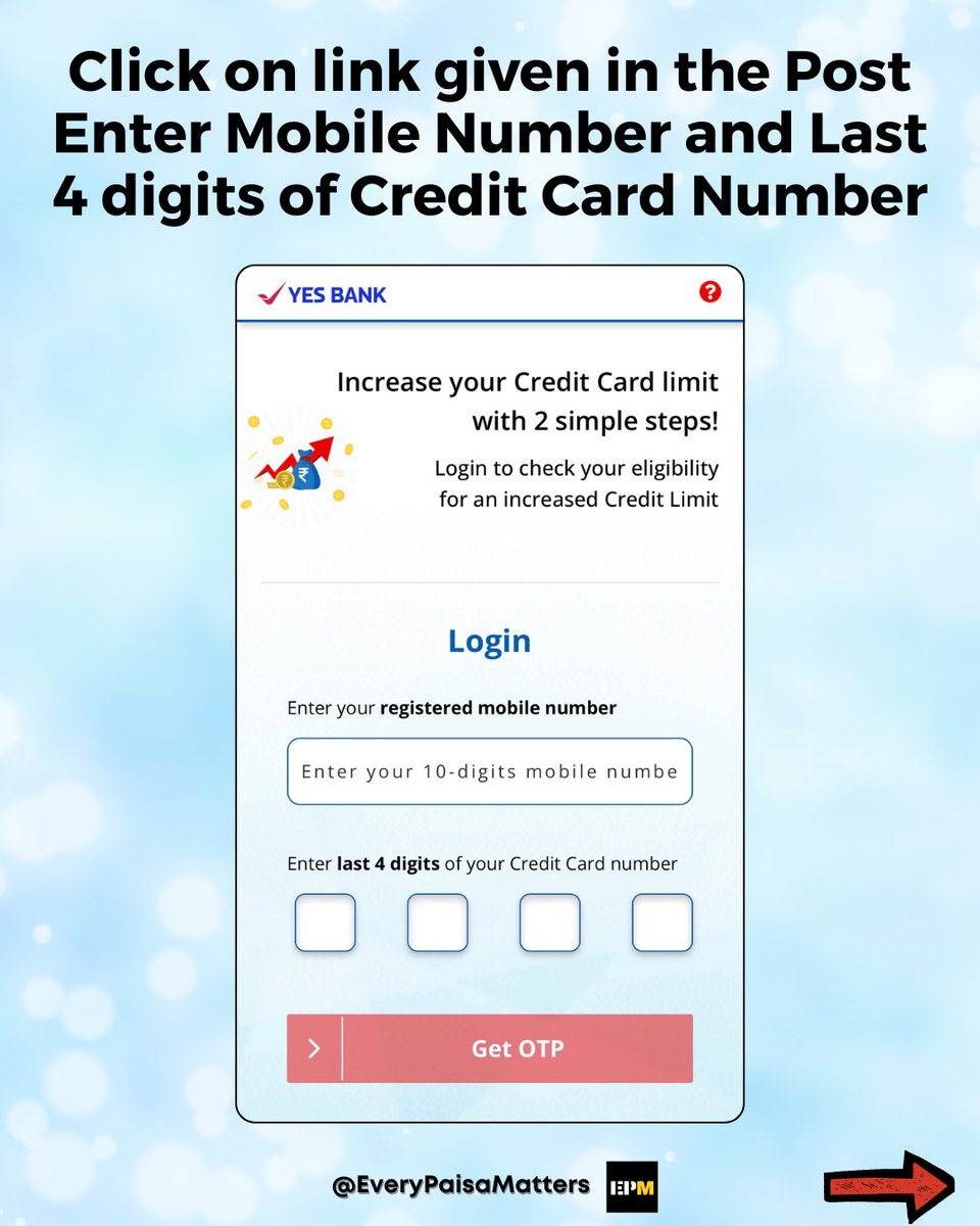 EvryPaisaMatter's tweet image. 💳 How to Instantly Check for Limit Increase on Yes Bank Credit Cards?

If you have not received a WhatsApp message from YES BANK, check from the link below.
🔗- creditcards.yes.bank.in/cle/login

(Do make sure to check that link ends with yes.bank.in)

#creditcard