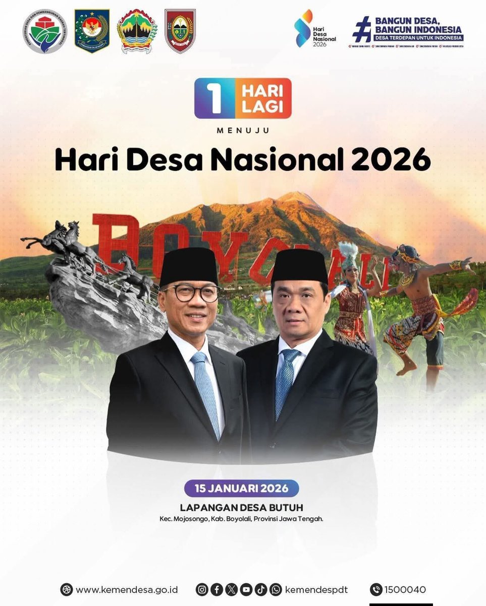 SEMARAK HARI DESA NASIONAL 2026
Bangun Desa Bangun Indonesia
Desa Terdepan untuk Indonesia 
Boyolali. Kamis 15 Januari 2026  
<a href="/prabowo/">Prabowo Subianto</a>
<a href="/gibran_tweet/">Gibran Rakabuming</a>
<a href="/YandriSusanto/">Yandri Susanto</a>
<a href="/ArizaPatria/">Ariza Patria</a>
<a href="/kemendespdt/">#BangunDesaBangunIndonesia</a>
#BPSDMKemendesaPDT
#HariDesaNasional2026
#BangunDesaBangunIndonesia 
#PendampingDesaHebat