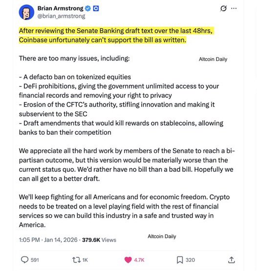BullTheoryio's tweet image. BREAKING: 🇺🇲 Senate Banking Committee has cancelled today’s voting on the crypto market structure bill after the Coinbase CEO withdraws support.