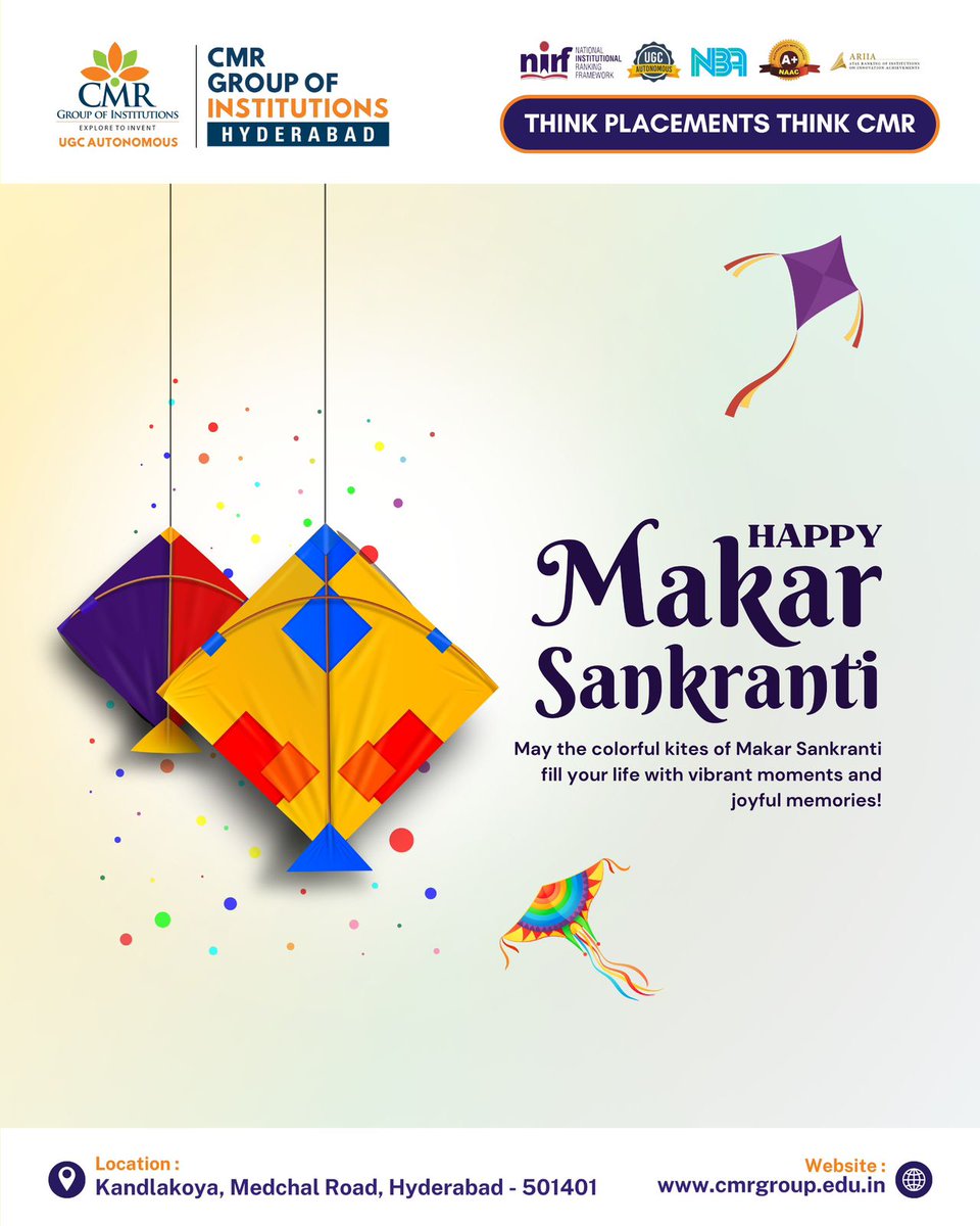 Let your dreams soar as high as the colorful kites this Makar Sankranti 🪁✨

At CMR Group of Institutions, Hyderabad, we celebrate new beginnings, brighter futures, and limitless opportunities. 
.
CMR Group of Institutions
Best Colleges in Hyderabad
UGC Autonomous Colleges