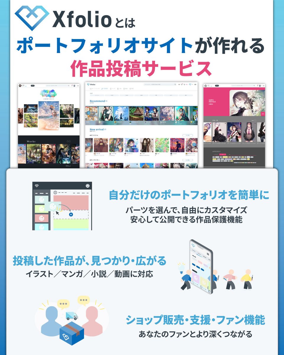 xfolio_jp's tweet photo. 📢Xfolio（クロスフォリオ）とは？💡

ポートフォリオサイトが作れる、作品投稿サービスです！

📜簡単にポートフォリオを制作
🖼作品投稿＆閲覧できる
🏪ショップでグッズの販売＆購入ができる
🩷ファンコミュニティ（月額支援プラン）

など、クリエイターに嬉しい機能が盛りだくさん！
（もちろん、クリエイター以外の"見る専"の方も大歓迎です👀✨）

さらに、安心して創作活動をお楽しみいただくため、Bot対策機能や操作制限等の作品保護にも力を入れています！🛡

▽詳しくは以下の画像やリンク先をご覧ください
https://t.co/5Ej2gyRdZg

これからも、クロスフォリオはすべてのクリエイターが安心して創作活動を楽しむことができるよう、クリエイター支援に取り組んでまいります。
皆様の創作活動に、ぜひご活用ください！