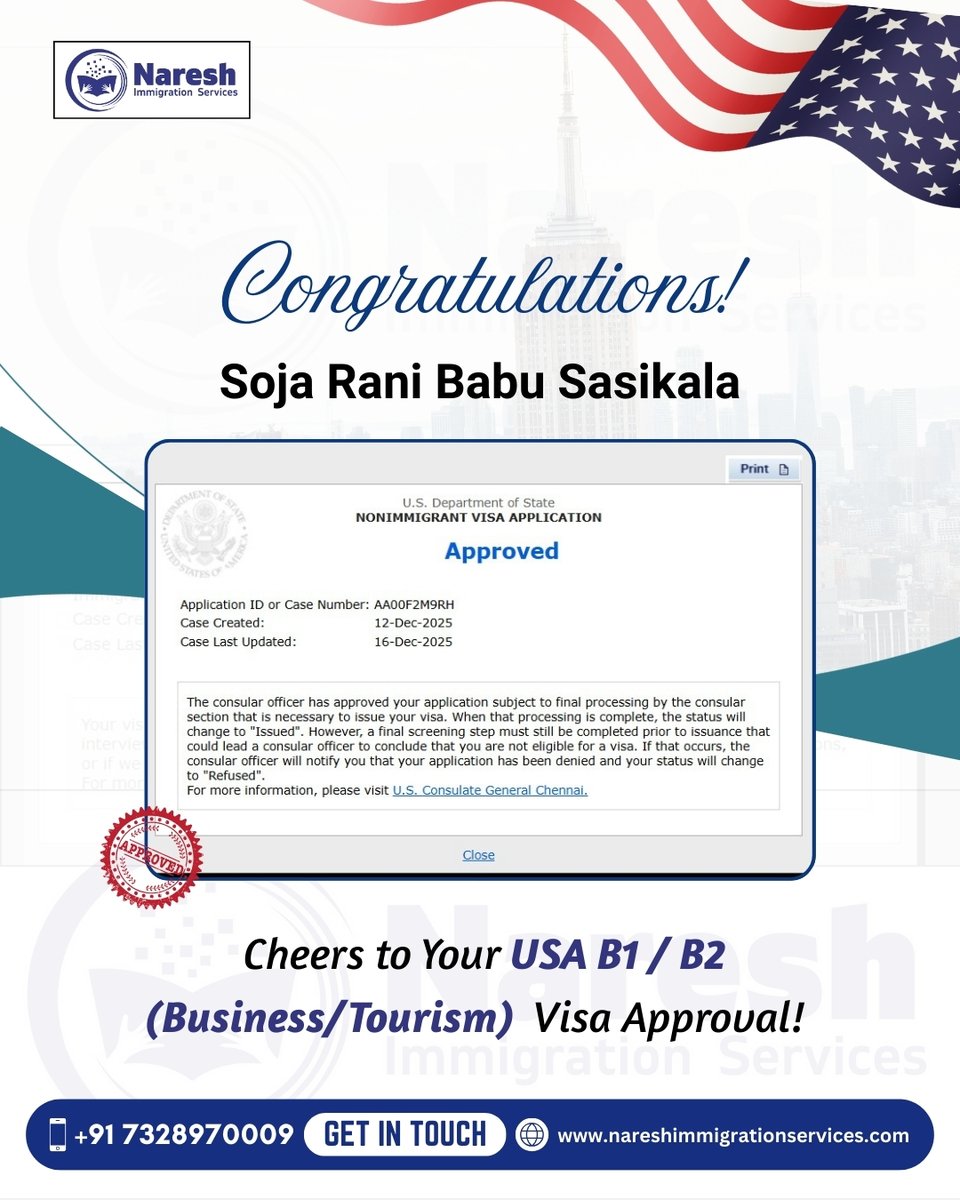 naresh_gundu43's tweet image. ✨ Congratulations on Your USA Visa Approval!
Cheers to Soja Rani Babu Sasikala on the successful approval of your USA B1/B2 visa! Get ready to embark on your exciting journey! 🌍✈️ #VisaSuccess #BusinessTourism #NareshImmigration
