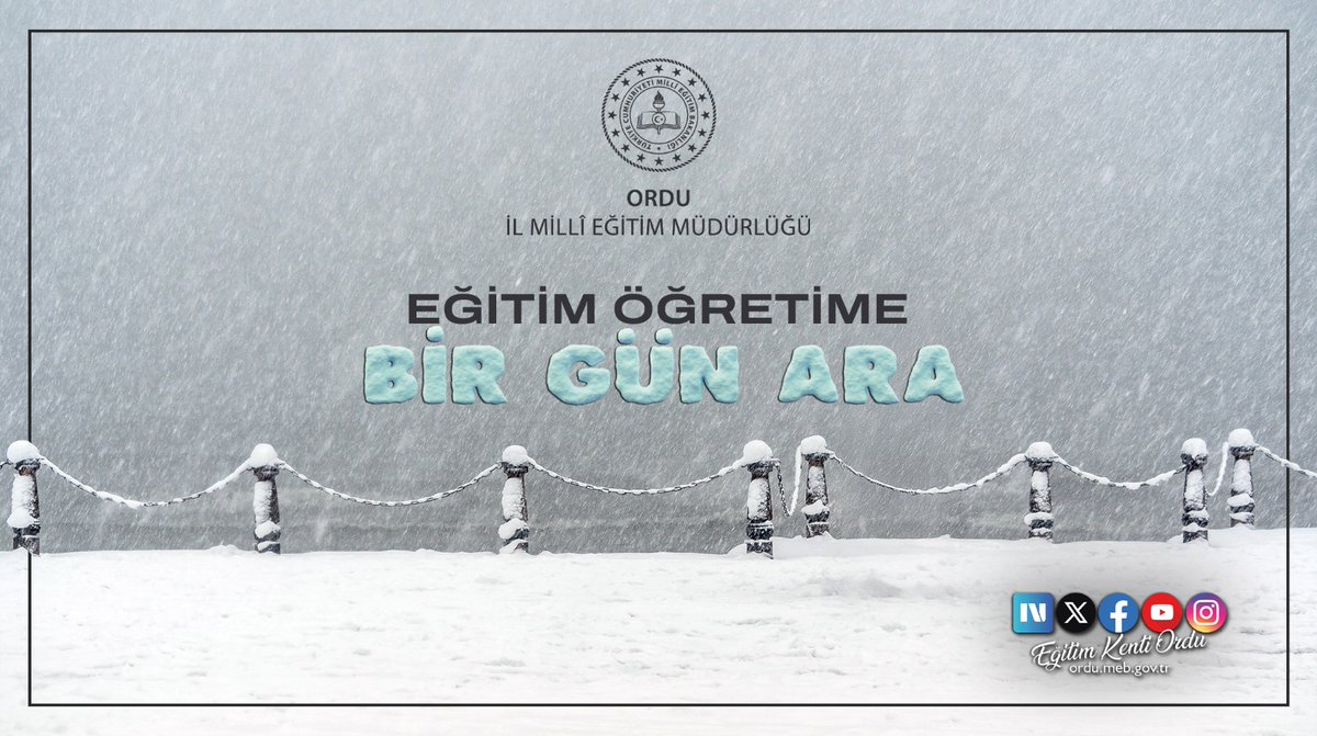 📢DUYURU!

Kar yağışından dolayı oluşan buzlanma ve don riski nedeniyle;
 
▶️ Akkuş, Aybastı, Çaybaşı, Gölköy, Gürgentepe, Kabataş, Mesudiye, Ulubey ilçelerimizin tamamında,

▶️ Fatsa ilçemizde; Aslancami İlkokulu, Ilıca İlkokulu/Ortaokulu, Meşebükü İlkokulu/Ortaokulu, Kulak