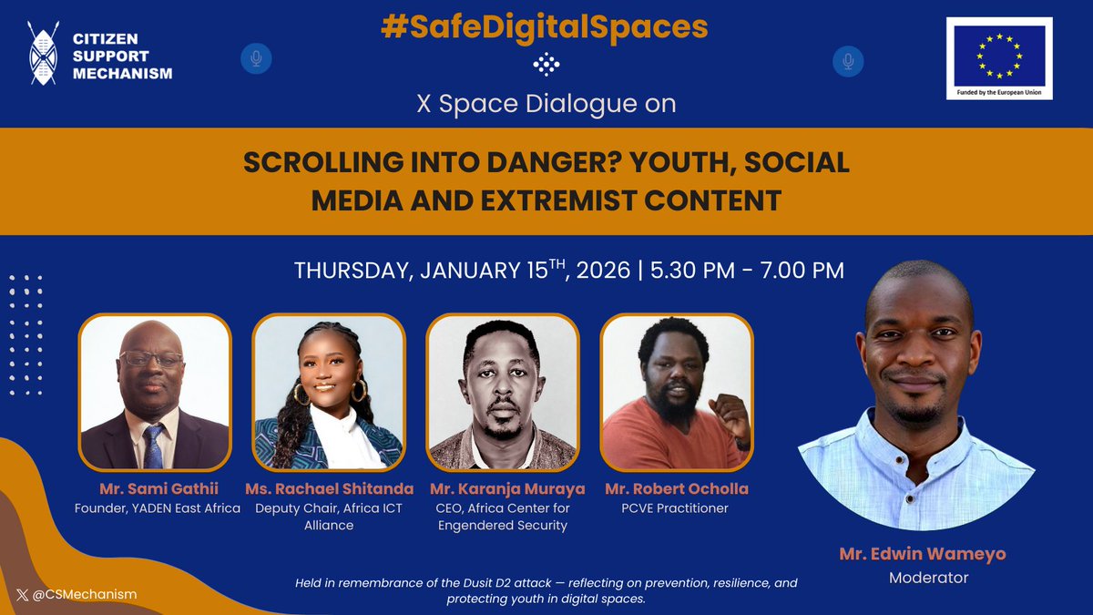 Join our X Space Dialogue in commemoration of the #Dusit attack as we examine extremist content online and strengthen digital resilience to protect young people.

🗓 Jan 15 | ⏰ 5:30 PM
🔗x.com/i/spaces/1ynJO…

#SafeDigitalSpaces

<a href="/the_sambu/">Chris Sambu</a> <a href="/BarryIpapo/">Barry Ipapoh 🏴󠁫󠁥󠀰󠀴󠁿</a> <a href="/LemayianLeiyan/">Lema</a>