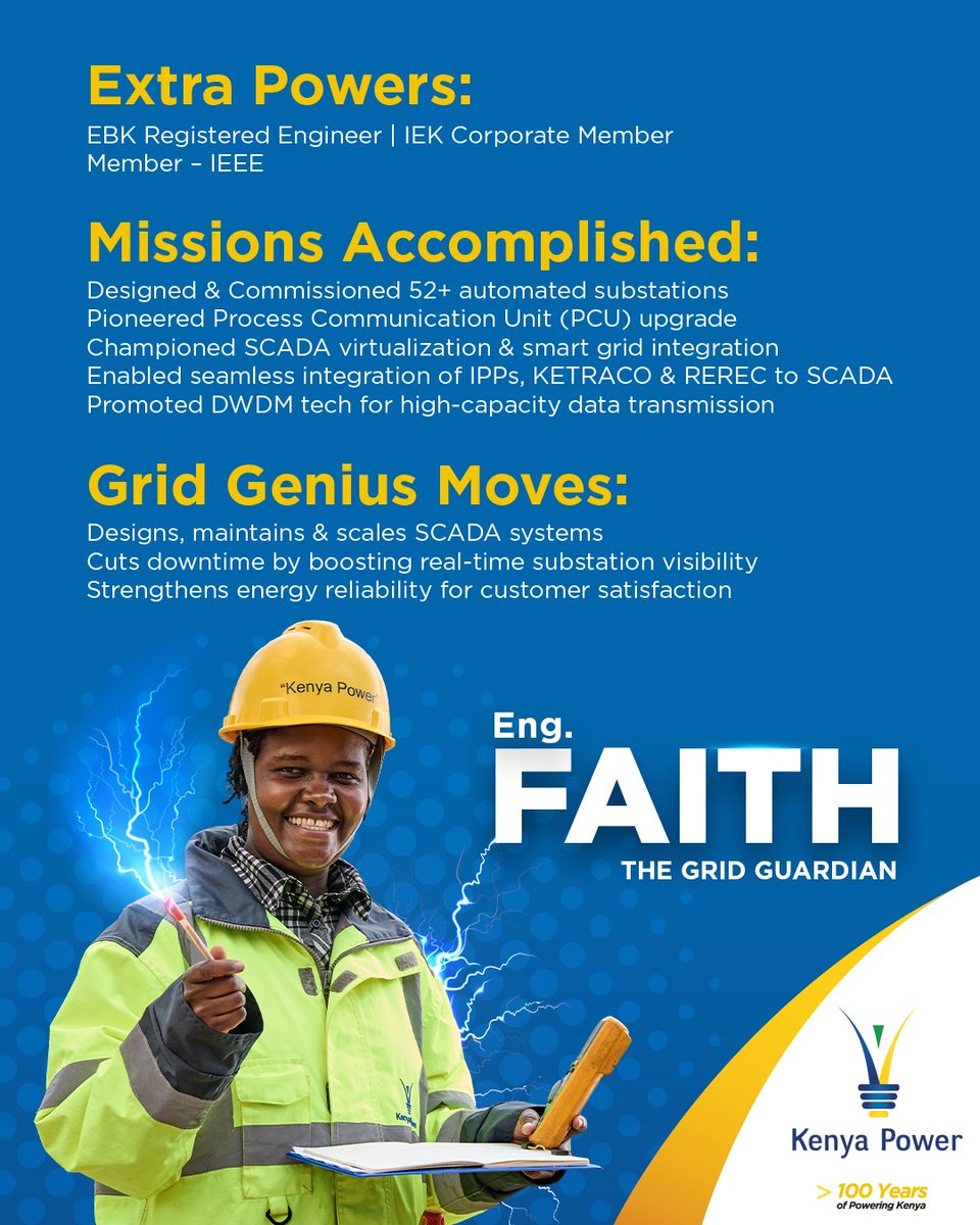 Meet Eng. Faith Koome — The Grid Linker.

A SCADA specialist with 9 years of powering precision, she’s behind the smarter, faster grid Kenya runs on. With 50+ automated substations and game-changing tech integrations under her belt, she’s the reason your lights stay on and