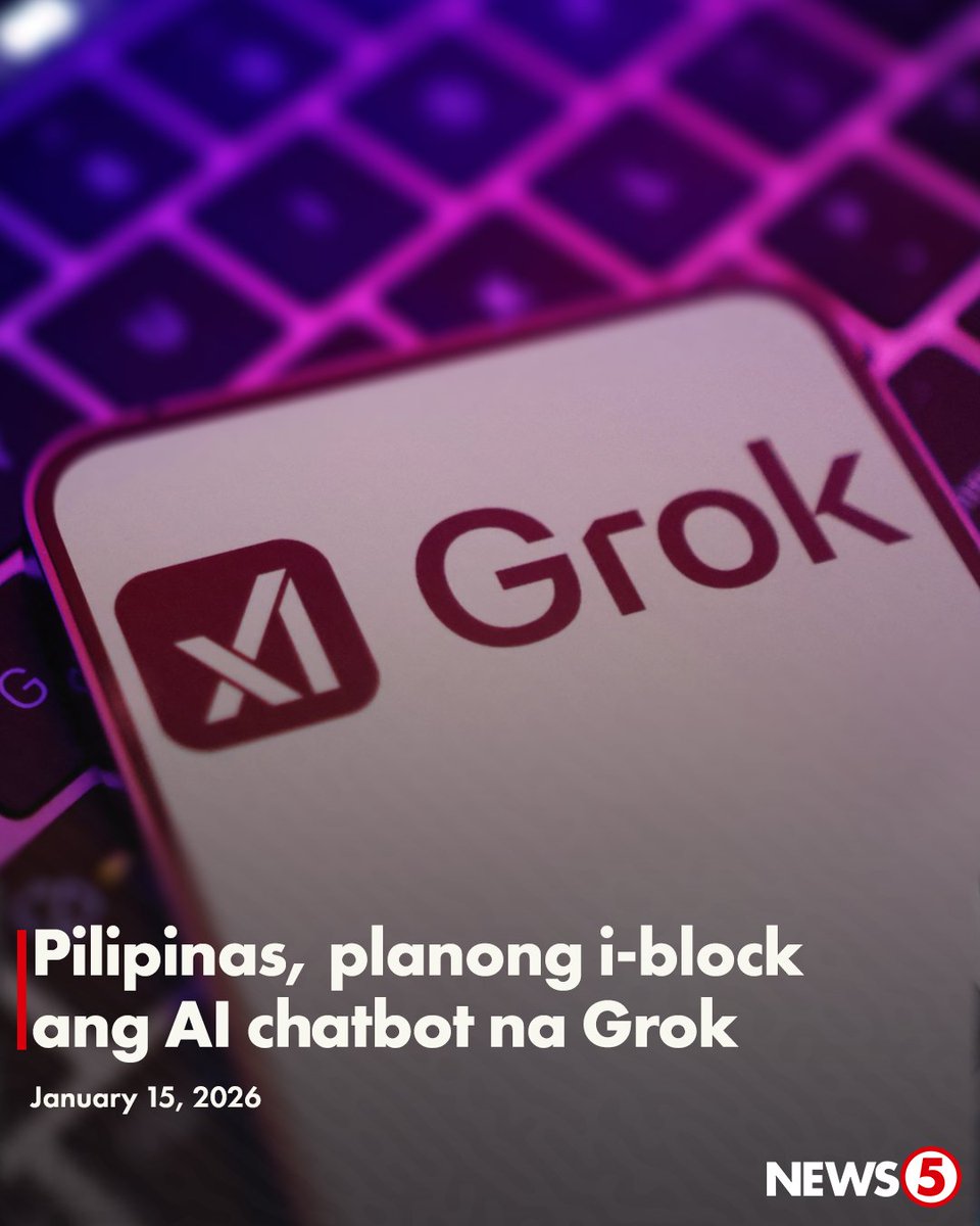 GOODBYE, GROK APP?  

Pinaplano na rin ng Pilipinas na i-block ang artificial intelligence (AI) chatbot na Grok na pagmamay-ari ng kumpanyang xAI ni Elon Musk, ayon kay DICT Sec. Henry Aguda.  

Una nang na-block sa Malaysia at Indonesia ang naturang chatbot kasunod ng pangamba
