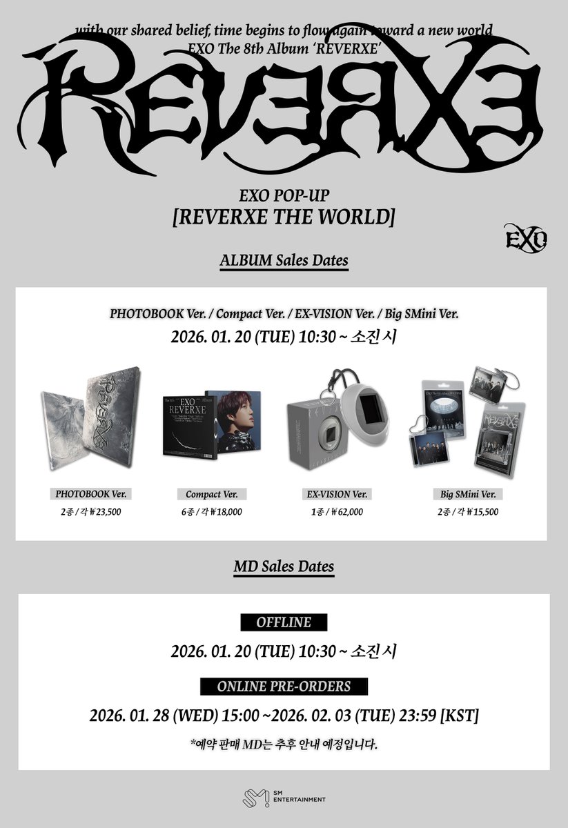 weareoneEXO's tweet image. EXO POP-UP [REVERXE THE WORLD]
OFFICIAL MERCHANDISE DETAILS

▶ Sales Dates &amp;amp; Times
On-site : 2026. 01. 20 (화) 10:30 ~  소진 시

[REVERXE THE WORLD] 관련 다양한 소식을
전용 X (@EXO_REVERXE) 계정에서 확인해 보세요.

#EXO #엑소 #weareoneEXO 
#Crown #EXO_Crown
#REVERXE…