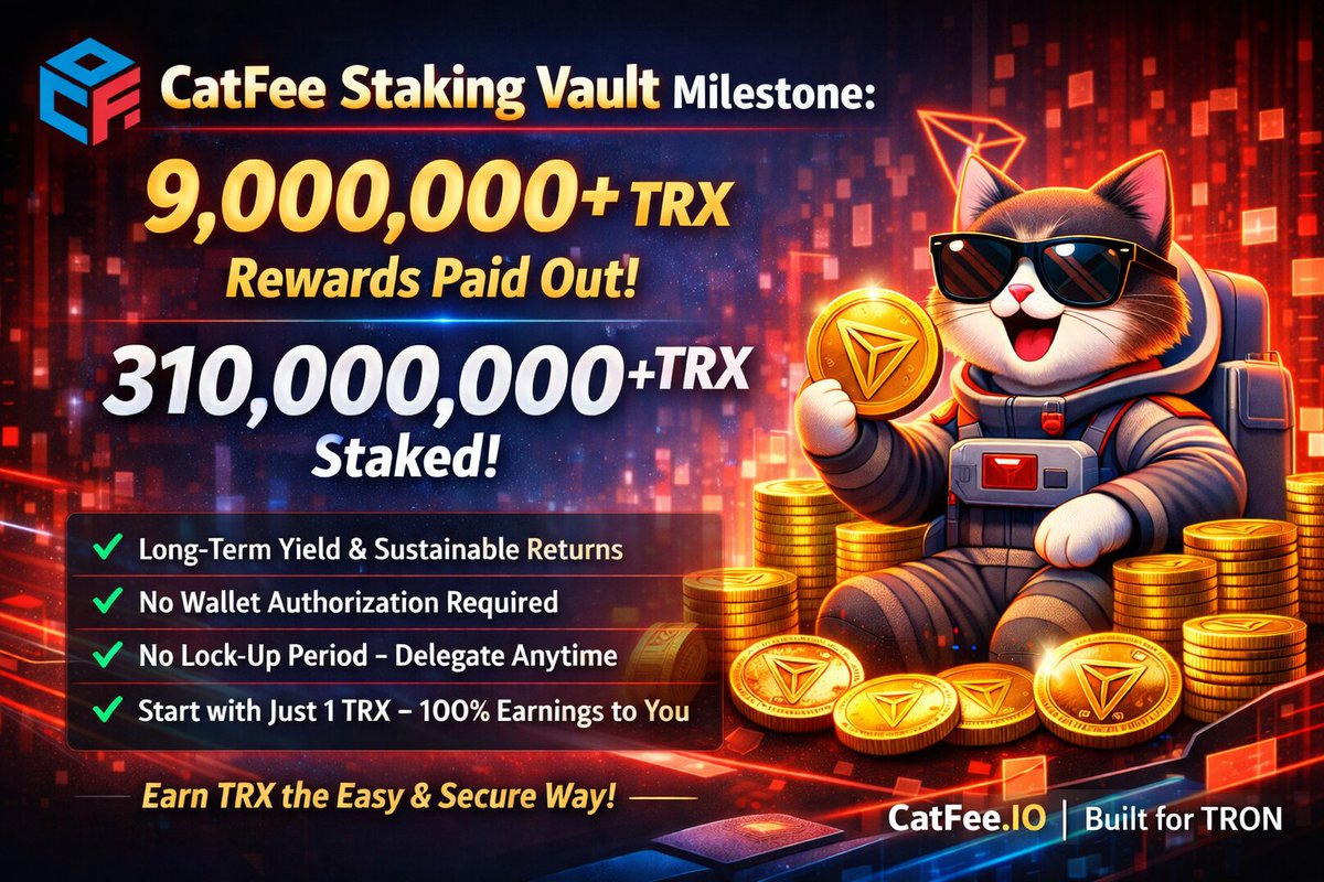 CatFee Staking Vault milestone update:

• 9,000,000+ TRX rewards paid out
• 310,000,000+ TRX staked

Built for long-term yield with no wallet authorization required, no lock-up period, no minimum stake (start from 1 TRX), and no fees or commissions.
100% of staking rewards go