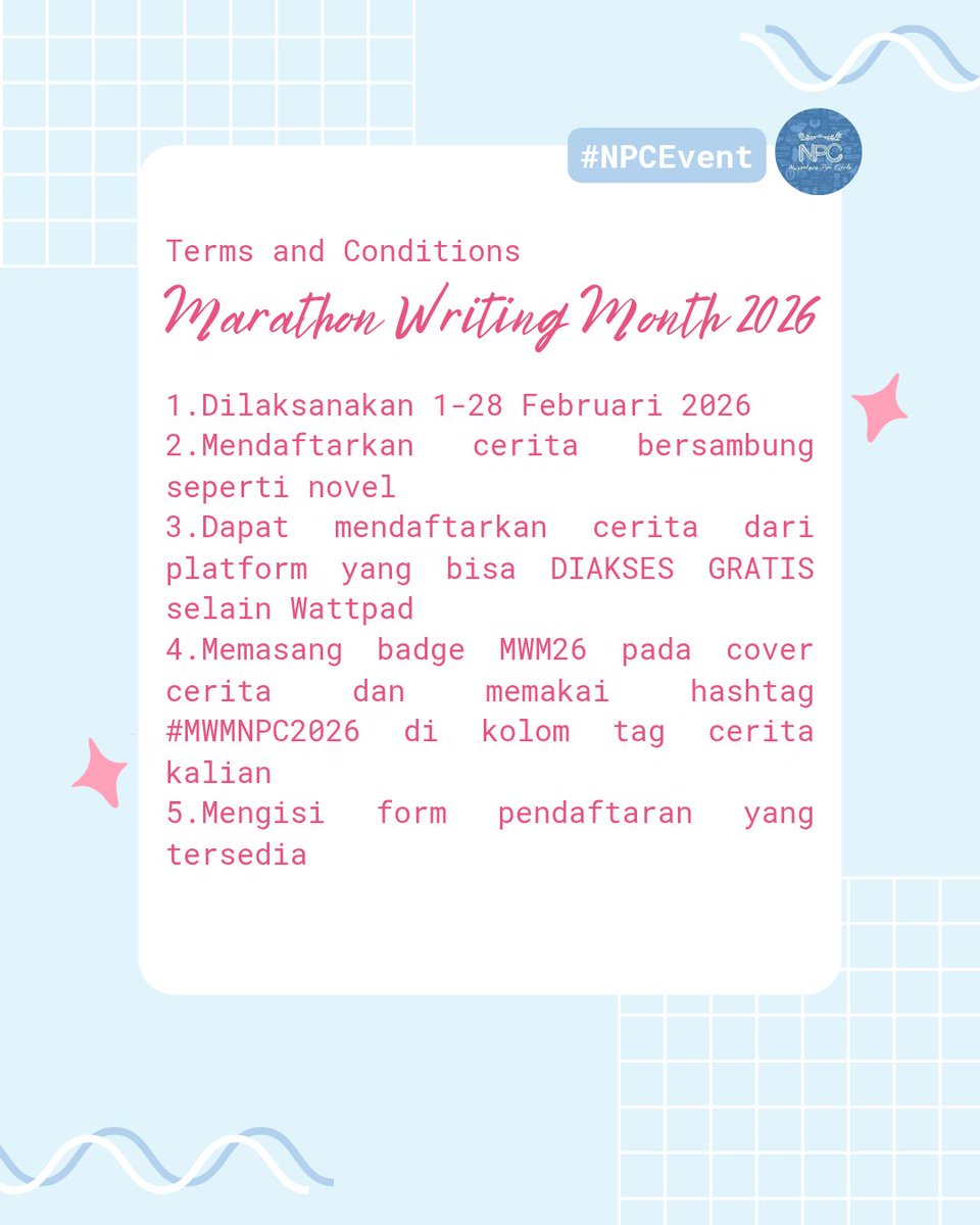wattpad_npc2301's tweet photo. Seperti yang sudah-sudah, diperhatikan baik-baik ya Napican untuk peraturannya. Biar gak kejadian kayak tahun lalu, ada yang gak lolos pendaftaran karena kelupaan sesuatu^^
#NPC2301 #MWMNPC2026 #eventmenulis https://t.co/9L90LYzV2Y