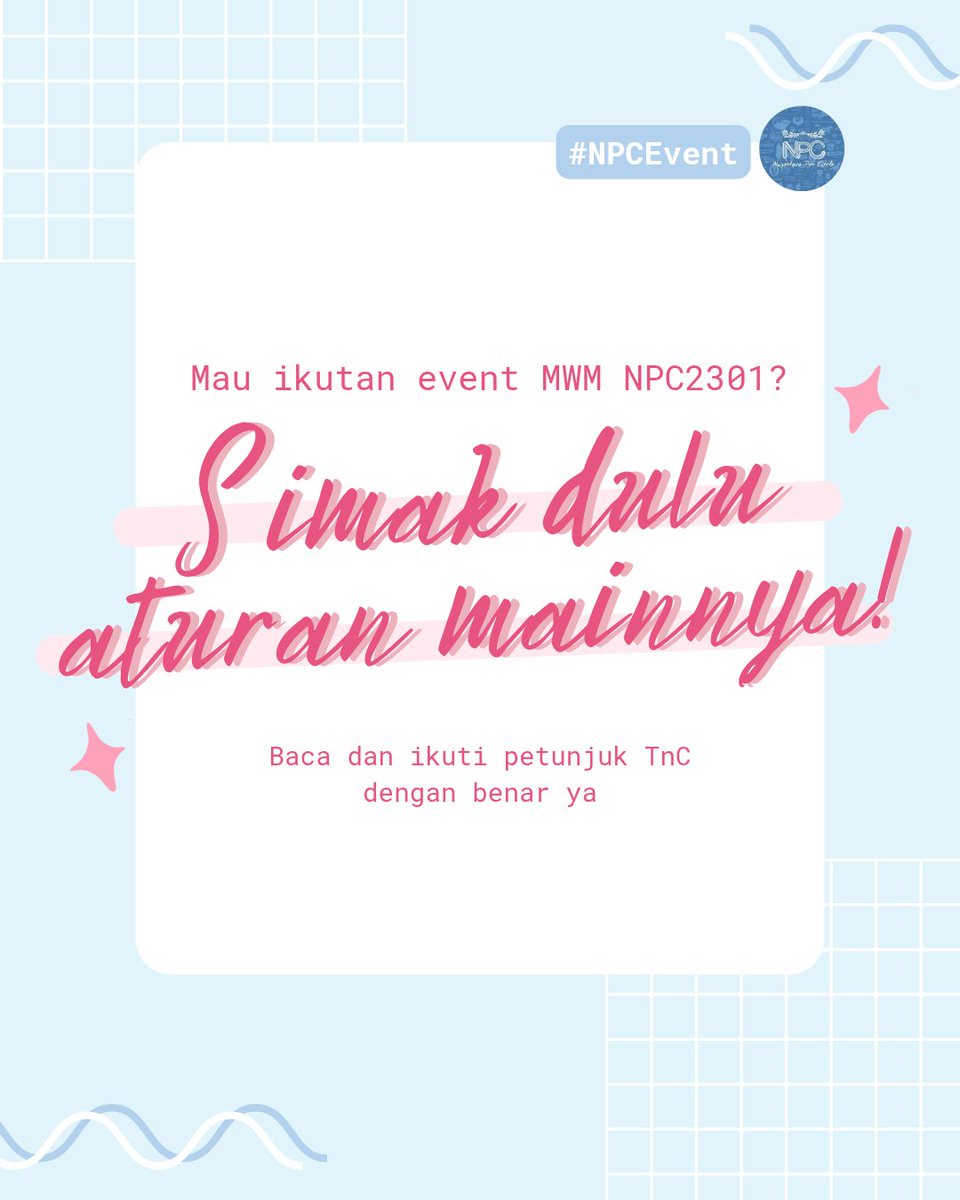 wattpad_npc2301's tweet photo. Seperti yang sudah-sudah, diperhatikan baik-baik ya Napican untuk peraturannya. Biar gak kejadian kayak tahun lalu, ada yang gak lolos pendaftaran karena kelupaan sesuatu^^
#NPC2301 #MWMNPC2026 #eventmenulis https://t.co/9L90LYzV2Y