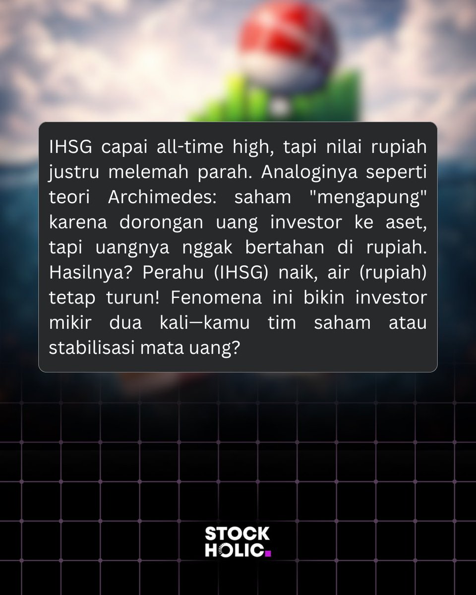 stockholicidn's tweet image. IHSG cetak all-time high, tapi rupiah justru terus melemah.

Uang memang masuk ke pasar saham, mendorong indeks “mengapung”. Tapi likuiditas itu tidak tinggal di rupiah, ia mengalir, parkir, lalu keluar lagi.

Hasilnya? Perahu naik, airnya tetap surut.

Ini sinyal klasik, risk…