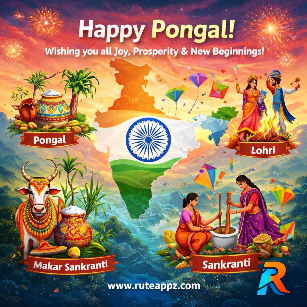 RuteAppz's tweet photo. Though our traditions differ, the spirit is one:
🌾 Thankfulness for nature
🔥 Hope for prosperity
🪁 Joy in togetherness
At RuteAppz, we cherish this unity in diversity.

✨ Wishing you a joyful Pongal, Sankranti, Makar Sankranti &amp; Lohri! ✨
#IndiaCelebrates https://t.co/nZoBScfKps