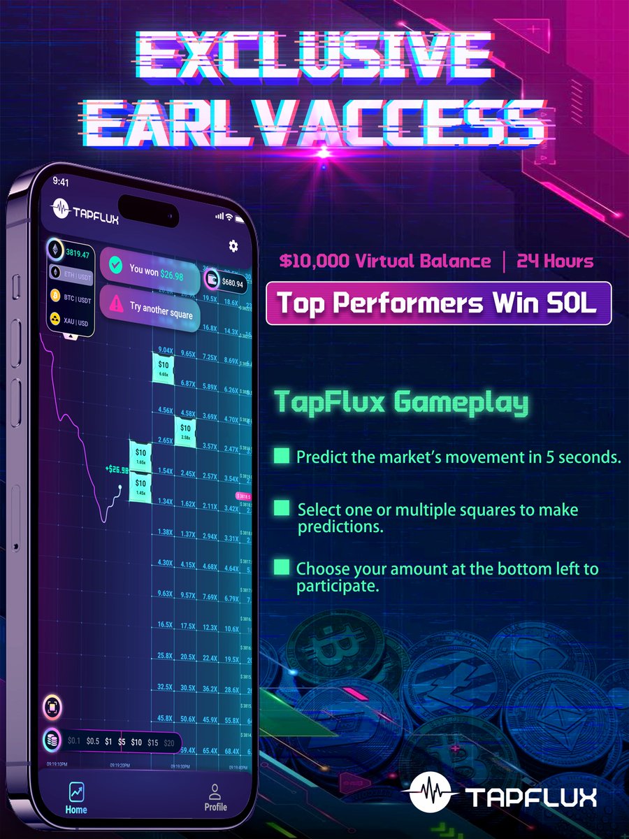 TapFlux's tweet image. TapFlux is opening limited early access for early participants.

Here’s how it works:
• Limited to 500 participants per day
• $10,000 virtual balance per user (not real money)
• Trade for 24 hours using the full TapFlux experience
• Results are settled daily based on…