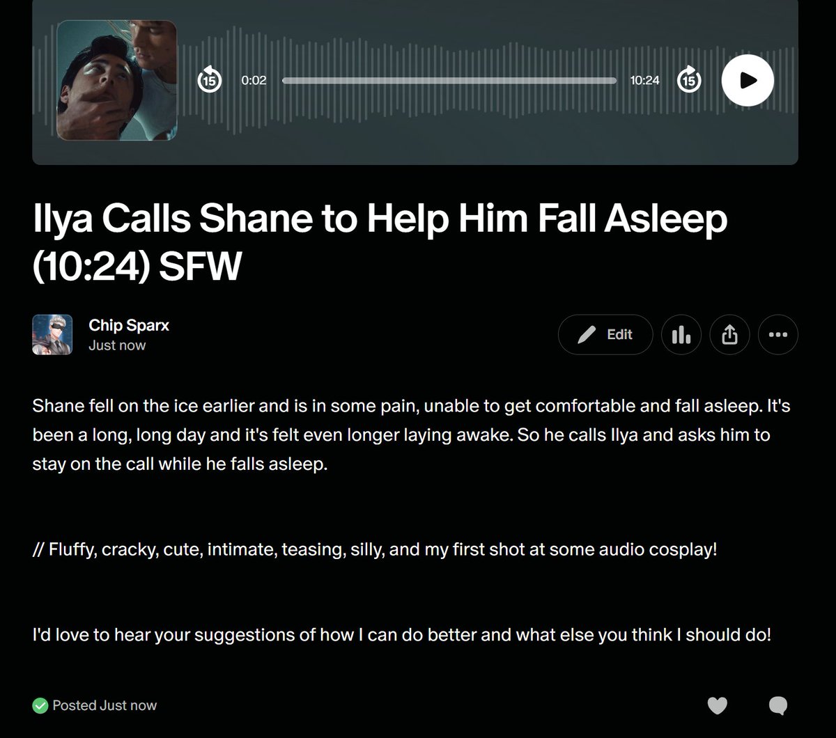 ChipSparx's tweet photo. Ilya Rozanov Calls Shane Hollander to Help Him Fall Asleep (10:24 minutes) SFW Audio .. is now live on my new patreon.

Give it a listen. :)

https://t.co/QMjlYbIPLk https://t.co/dJpaD9htHZ