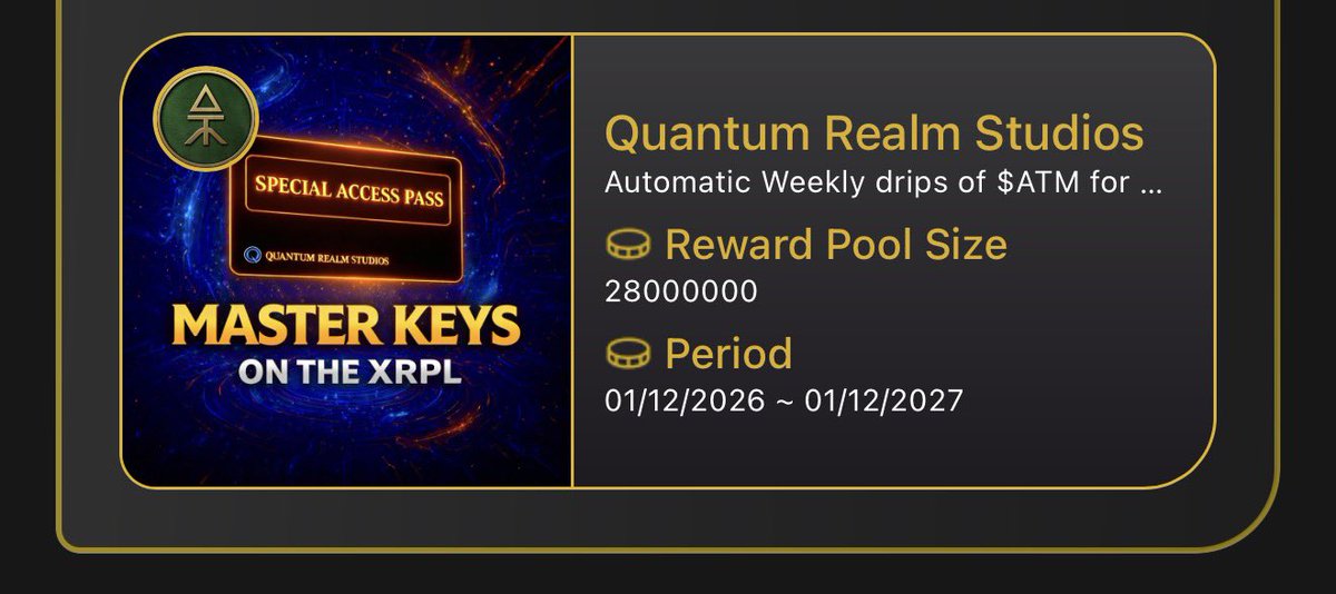 🔑 Master Keys ATM Rewards

Automatic weekly $ATM distributions are now active for Master Keys holders, delivered on-chain via the <a href="/OpulFi/">OpulFi</a> Honeycomb drip system. 🍯

Master Keys Collection-
🔗 xrp.cafe/collection/mas…

⚠️ ATM trustline required.

— Quantum Realm Studios ⚡
#XRPL