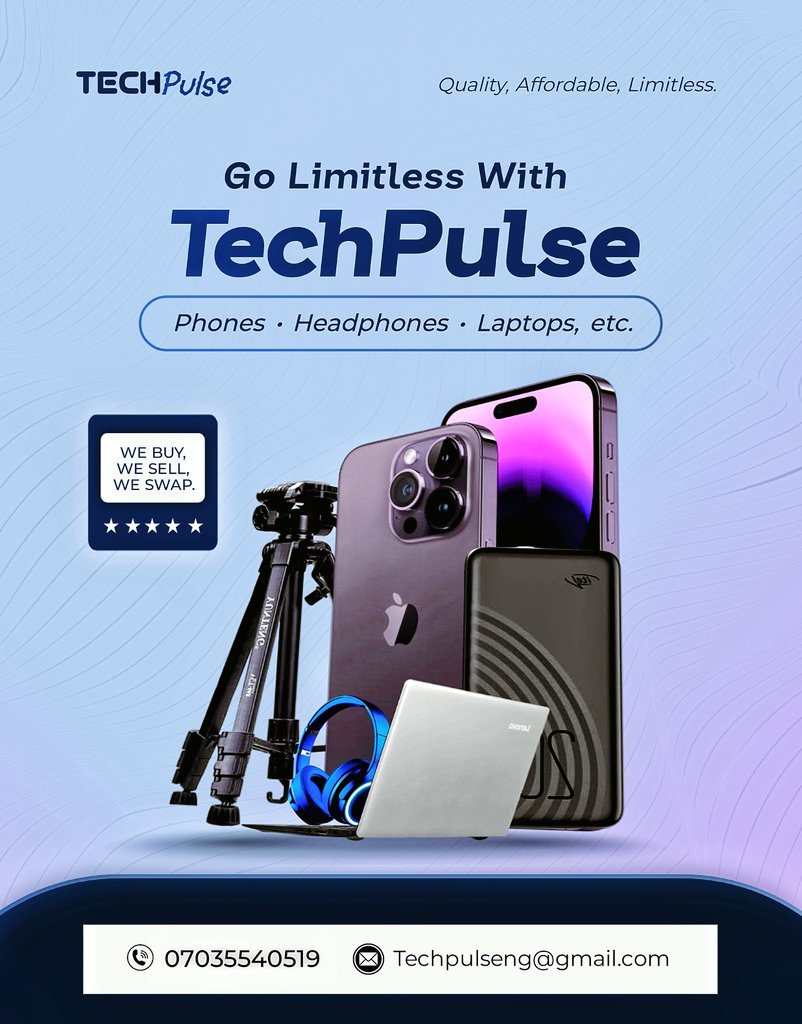 PraiseUCdesigns's tweet photo. Pause!
Behold Techpulse, a brand that sells technological gadgets. Check out the colours, fonts, elements...chosen with intentionality and for clear communication.😌 
I design showstoppers that grow your brand.
#30DaysOfIntentionalDesign #Dcr8tiveLab #FlyerDesign #PraiseUCdesigns https://t.co/80aZXzK8s4