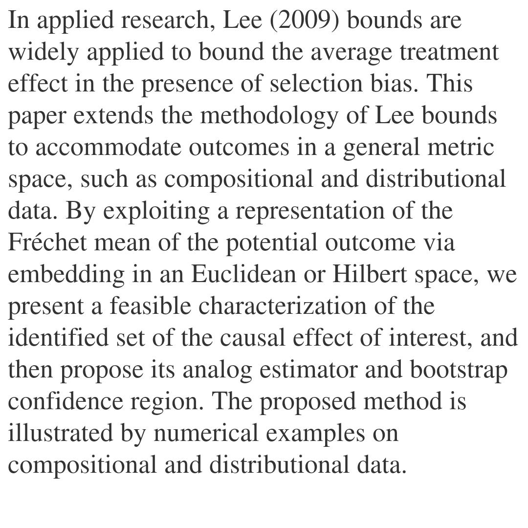Lee Bounds for Random Objects

Daisuke Kurisu, Yuta Okamoto, Taisuke Otsu
arxiv.org/abs/2601.09453 [𝚎𝚌𝚘𝚗.𝙴𝙼]
