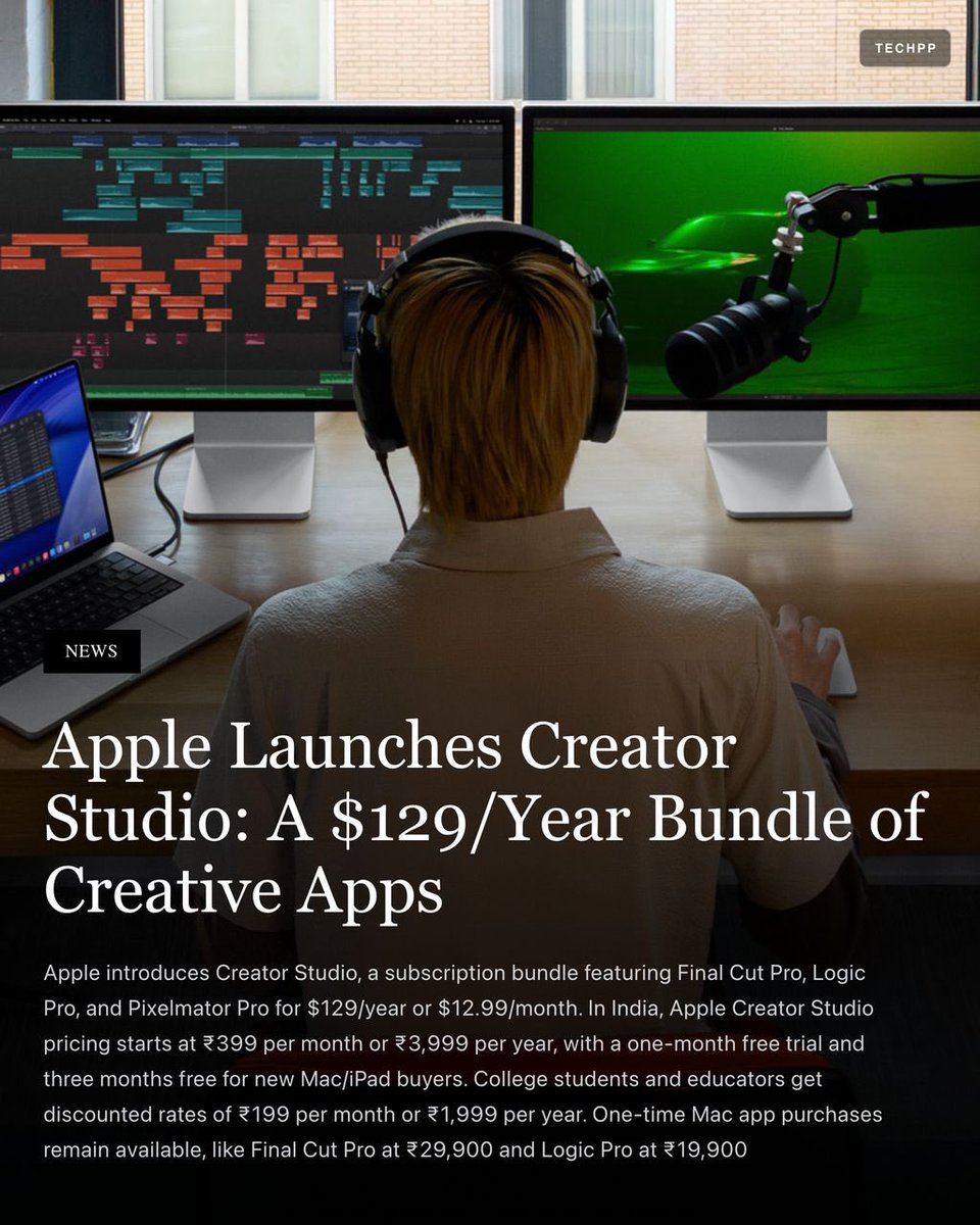 The Apple Creator Studio is priced at USD 129 per year for the US, which is  something over Rs 11,000. In India, it is priced at Rs 3,999 per year. Had  it