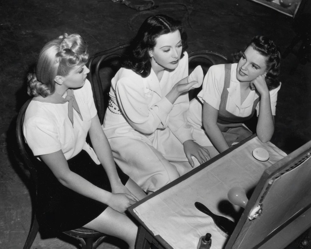 oldhllywoods's tweet image. hedy lamarr, judy garland and lana turner on the set of “ziegfeld girl” (1941)