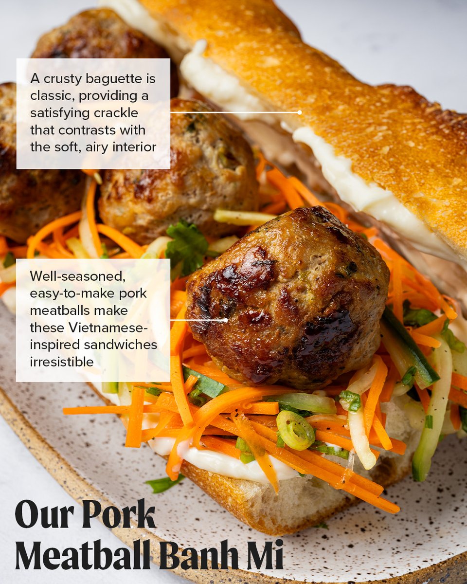 TestKitchen's tweet image. Crispy baguette. Juicy pork meatballs. Bright, crunchy pickles. Our Pork Meatball Bánh Mì hits every note—savory, fresh, and wildly satisfying in every bite. cooks.io/4sHpeF0
