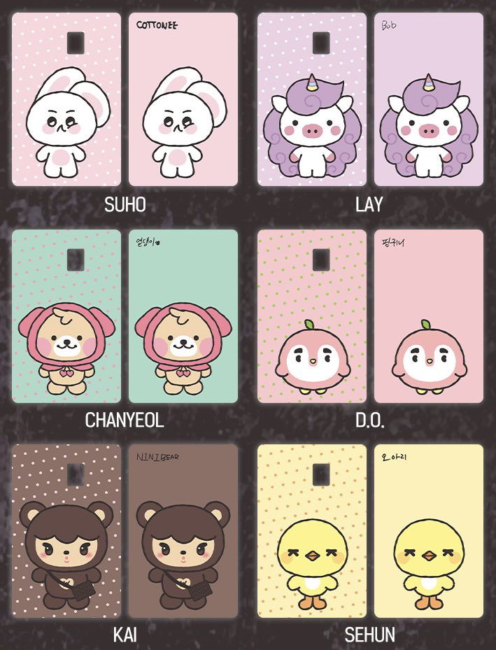 xunhuas's tweet image. The EXO members’ representative animal characters on the card cover sticker for the ‘REVERXE THE WORLD’ pop-up matches the ones on Jongin &amp;amp; Kyungsoo’s birthday cake~!

🐰 COTTONEE
🦄 Bob
🐶 열댕이 (Yeoldaengie/Yeolpuppy)
🐧 핑귀니 (Pinguinie)
🐻 NINIBEAR
🐥 오아리 (Ohari/Ohchick)