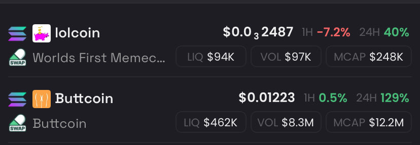 Y’all are sending $Buttcoin to 20 mil pretending it’s the first memecoin ever

While $Lolcoin is sitting at 250k being ACTUALLY the first concept of a memecoin 

HtrmuNs4nESVg5i8gHyufDpGN5HHKqPmFfbQV9yupump

DO YOUR RESEARCH

L🐷L

#solana #memecoin #buttcoin #lolcoin