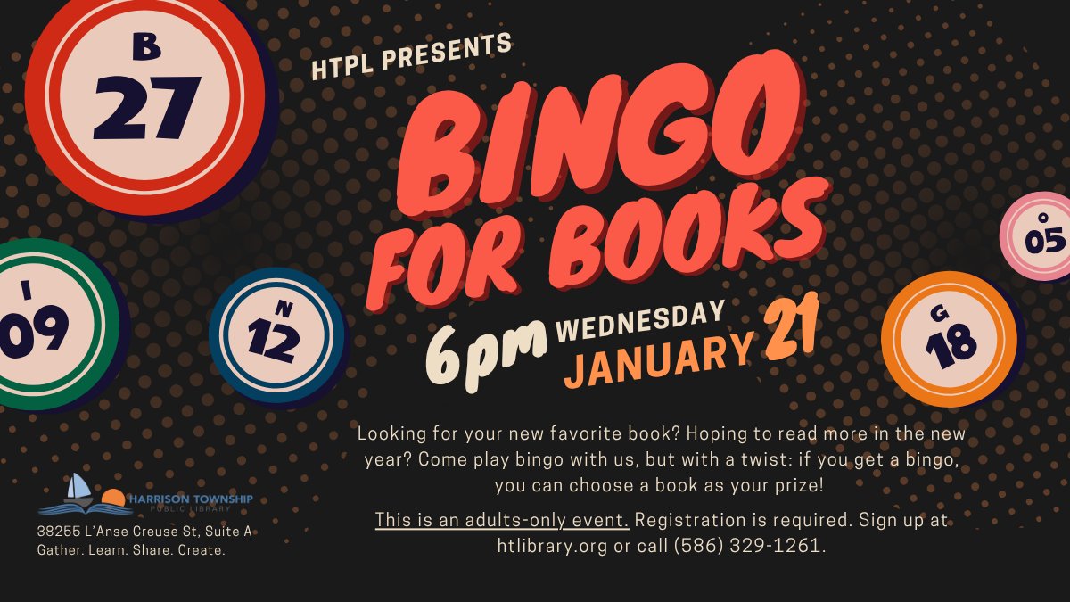 Book Bingo for adults is quickly approaching! Next Wednesday, get competitive and play several rounds of Bingo for a chance to win a book of your choice. It's quite the gamble🤞
Register today at htlibrary.org/events!