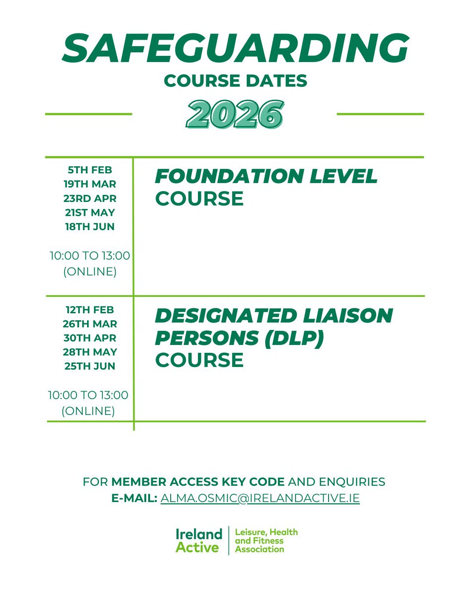 irelandactive's tweet image. 𝙎𝙖𝙛𝙚𝙜𝙪𝙖𝙧𝙙𝙞𝙣𝙜 𝘾𝙤𝙪𝙧𝙨𝙚 𝘿𝙖𝙩𝙚𝙨 2026

🖥️ All courses are delivered online
⏰ 10:00–13:00

📩 For member access codes and enquiries: alma.osmic@irelandactive.ie

#Safeguarding #IrelandActive #LeisureHealthFitness
