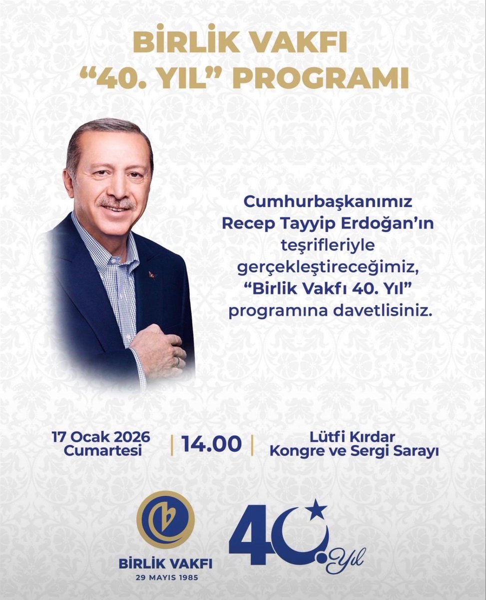 Cumhurbaşkanımız Recep Tayyip Erdoğan Erdoğan’ın teşrifleriyle gerçekleştireceğimiz, “Birlik Vakfı 40. Yıl” programında sizleri de aramızda görmekten mutluluk duyarız.