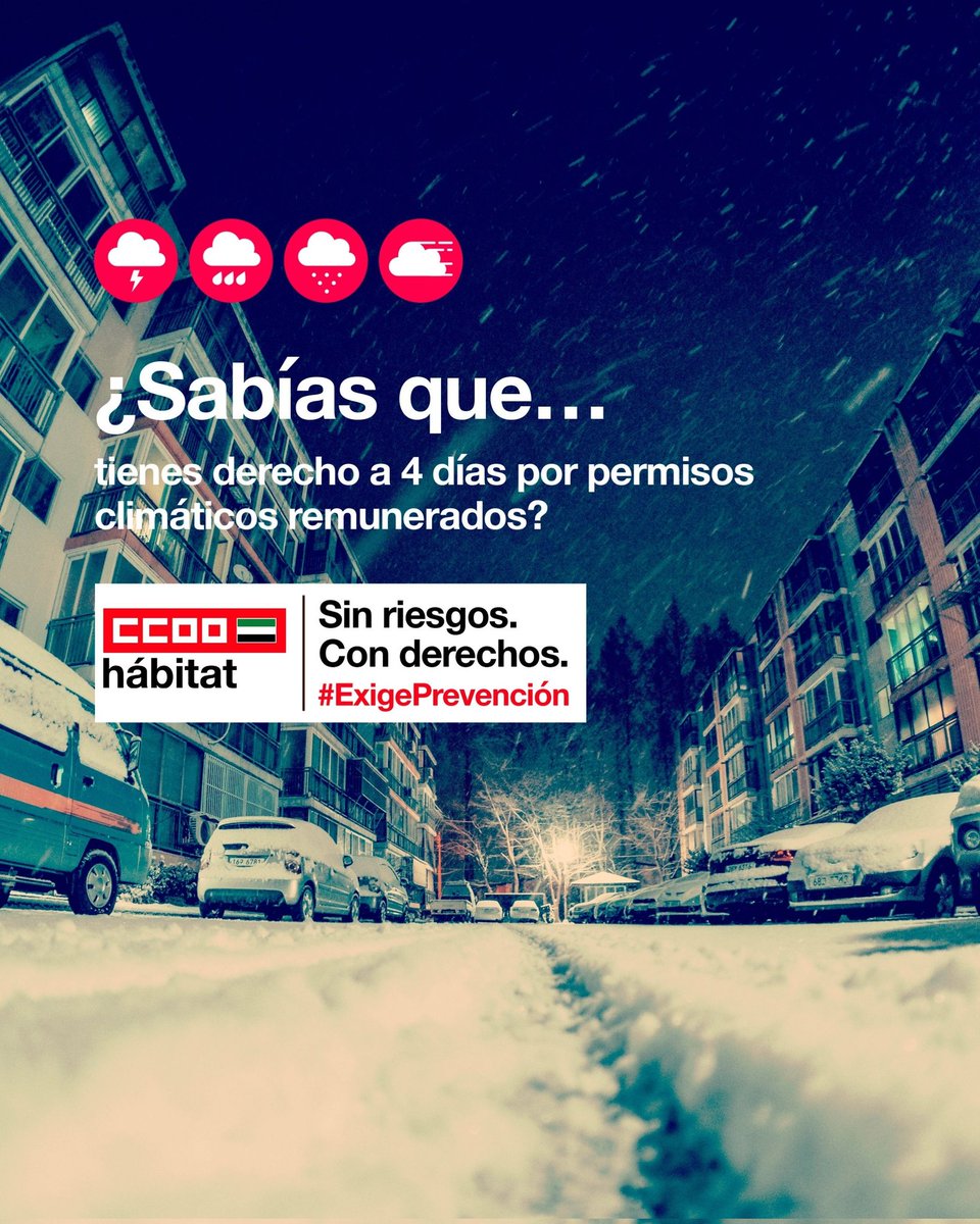 Tienes derecho a 4 días de permiso retribuido cuando las autoridades competentes recomienden, limiten o prohíban desplazamientos por ❌ 🚘Imposibilidad de tránsito por las vías de circulación o de acceso al centro de trabajo.

📩Acude a <a href="/CCOO_Habitat/">CCOO del Hábitat</a> 

✊#ExigePrevención