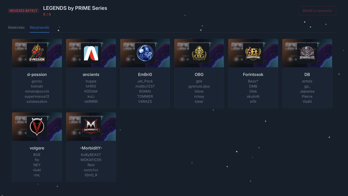 🎮 ÚJ FUNKCIÓ A NEVEZÉSEK UTÁN!

Mostantól a versenyre történő nevezést követően sem vagy bezárva egy fix csapatba 👀

✅ Csapat szerkesztése – módosíthatod a játékosokat
🗑️ Csapat törlése – ha mégsem szeretnél indulni a versenyen

#maesport #esport #verseny #csapat #nevezés